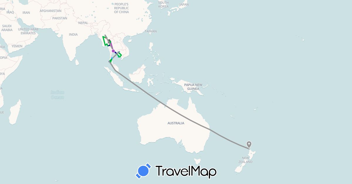 TravelMap itinerary: driving, bus, plane, cycling, train, hiking, boat, motorbike in Australia, Cambodia, Myanmar (Burma), Malaysia, New Zealand, Thailand (Asia, Oceania)